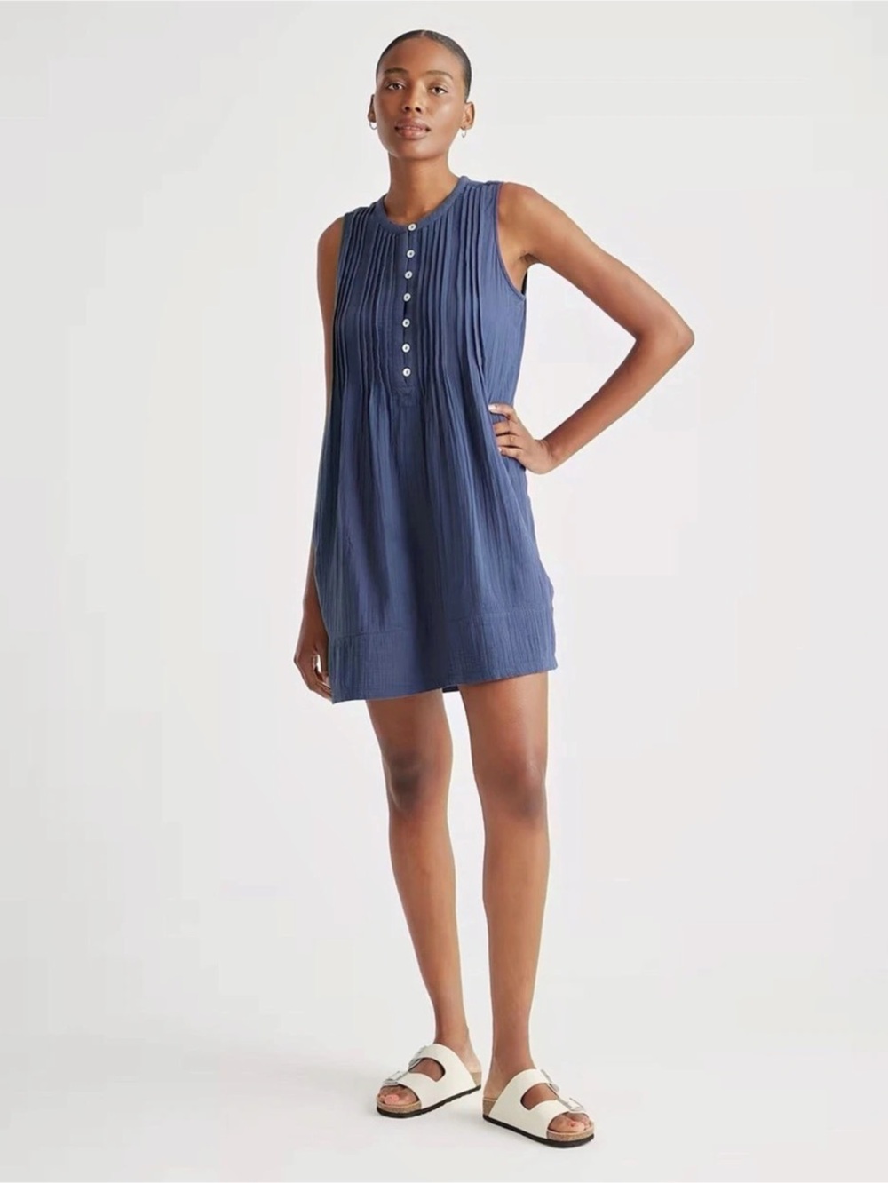 Quince Organic Cotton Navy Blue Mini Swing Dress Size Large Like New